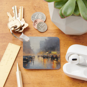 Urban Evening Rain Scene Key Ring