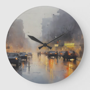 Urban Evening Rain Scene Large Clock