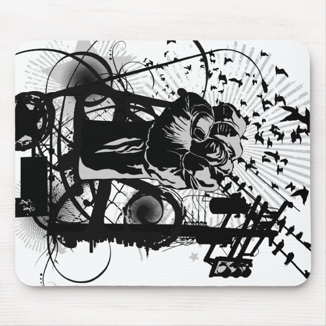 Urban Fist with crows and wires illustration. Mouse Pad (Front)