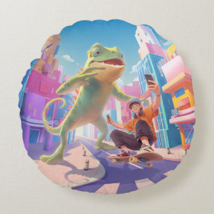 Urban Glide: Giant Chameleon Skater Selfie Round Cushion