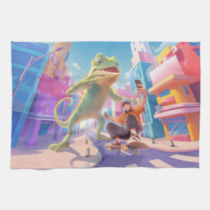 Urban Glide: Giant Chameleon Skater Selfie Tea Towel