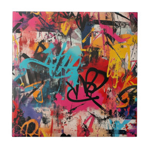 Urban Graffiti Collage with Bold Colours Paint Ceramic Tile