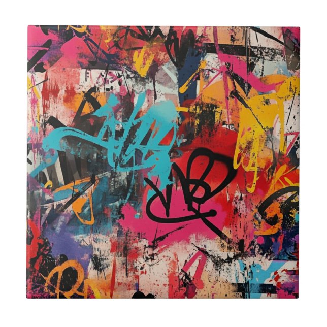 Urban Graffiti Collage with Bold Colours  Paint Ceramic Tile (Front)