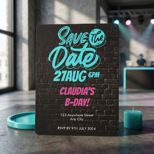 Urban Graffiti Wall Cyan Pink Bold Modern Birthday Invitation