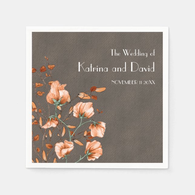 Urban Grey Rustic Burnt Orange Floral Fall Wedding Napkin (Front)