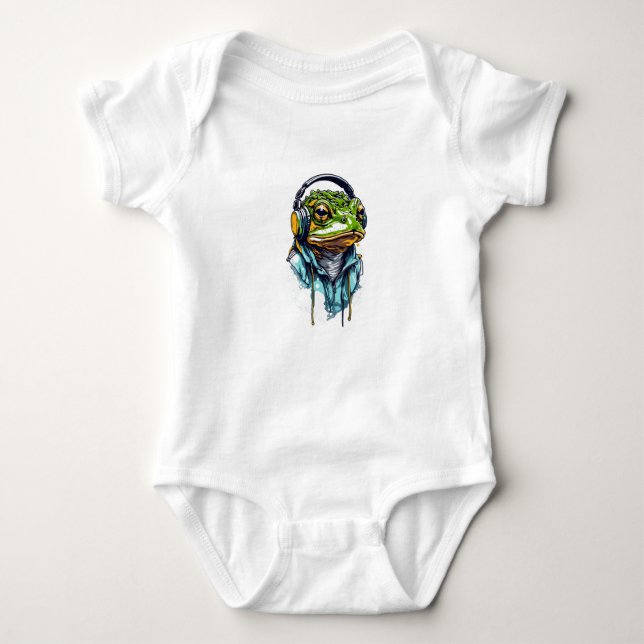 Urban Groove: Colourful Frog with Headphones Baby Bodysuit (Front)