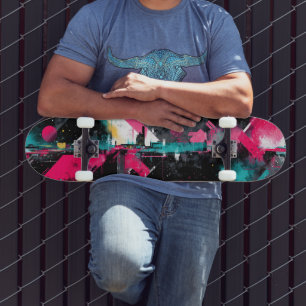 Urban Grunge Art with Pink and Teal Skateboard