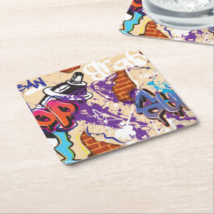 Urban Hip Hop Graffiti Wall. Square Paper Coaster