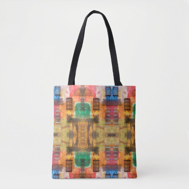 Urban iron work, painted wall, brick wall tote bag (Front)