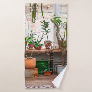 Urban jungle. Winter garden with plants, flowers. Bath Towel