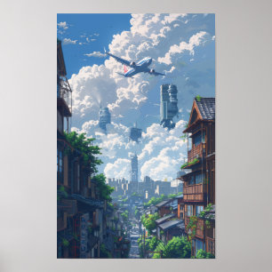 Urban Landscape Poster with Solitary Aeroplane Sil