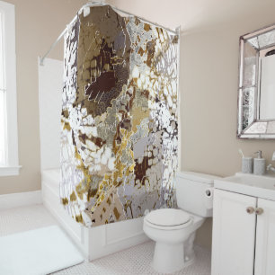 Urban, modern, abstract pattern, white, brown gold shower curtain