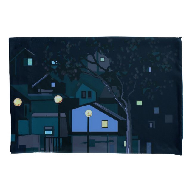 Urban nights city lights moody blue-green pillowcase (Front)
