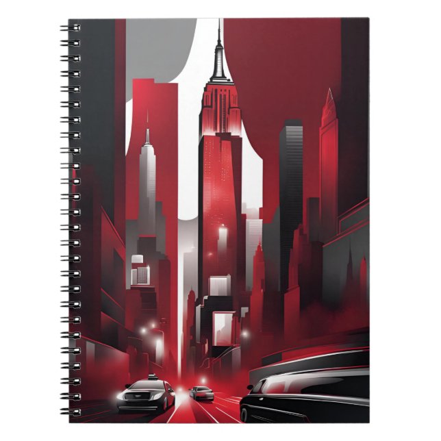 Urban Noir Notebook – Modern Cityscape in Bold Red (Front)
