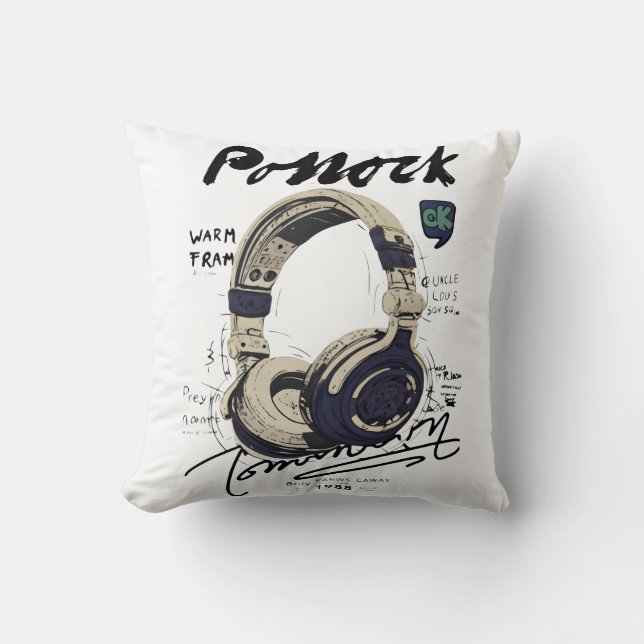 Urban Retro Headphone Vibe Illustration Cushion (Front)