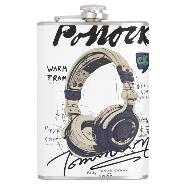 Urban Retro Headphone Vibe Illustration Hip Flask (Front)