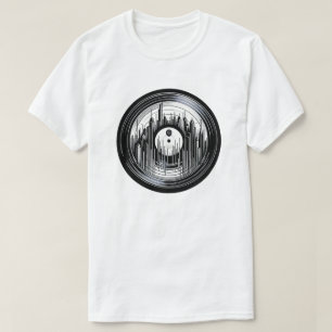 Urban Rhythm - Vinyl Record & City Skyline Art T-Shirt