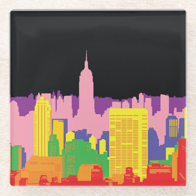 Urban Skyline: Night Rainbow Decor. Glass Coaster (Front)