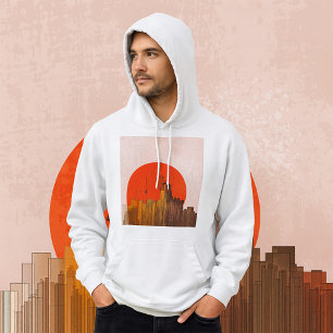 Urban Skyline with Red Sun Grunge Cityscape  Hoodie
