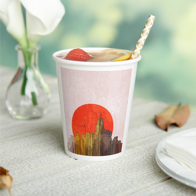Urban Skyline with Red Sun Grunge Cityscape  Paper Cups (Creator Uploaded)