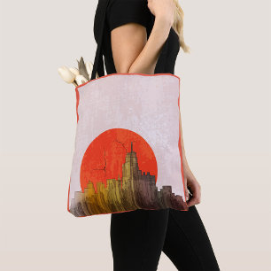 Urban Skyline with Red Sun Grunge Cityscape  Tote Bag
