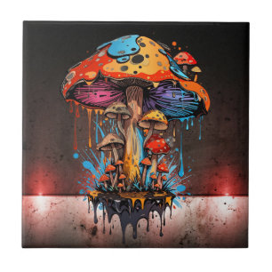 Urban Steampunk Vibes - Artistic Groovy Mushrooms Ceramic Tile