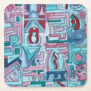 Urban Street Two-Abstract Geometric Watercolor Art Square Paper Coaster