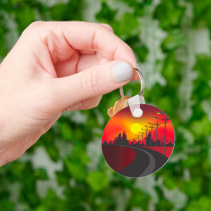 Urban Sunset Highway Skyline Key Ring