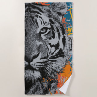 Urban Tiger Close-Up Street Art Illustration Beach Towel