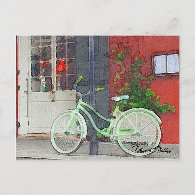 Urban Travel Green Bicycle Watercolor Postcard (Front)