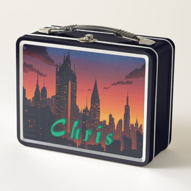 Urban Twilight Skyline Lunch Box – Futuristic City (Front)