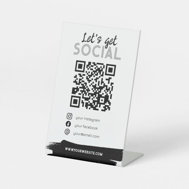 Urban white QR code masculine scan me social media Pedestal Sign (Front)