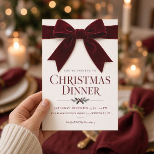 urgundy Velvet Bow Christmas Dinner  Invitation
