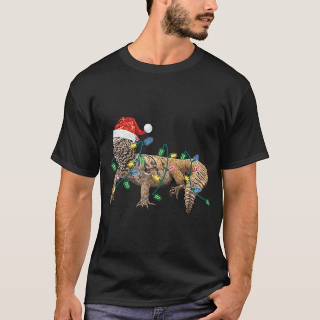 Uromastyx Christmas Lights Santa Hat Dabb Lizard M T-Shirt (Front)