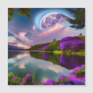 urple flowers Moon and lake reflection  