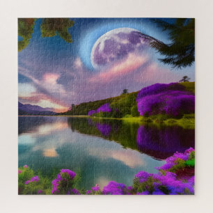 urple flowers Moon and lake reflection  Jigsaw Puzzle