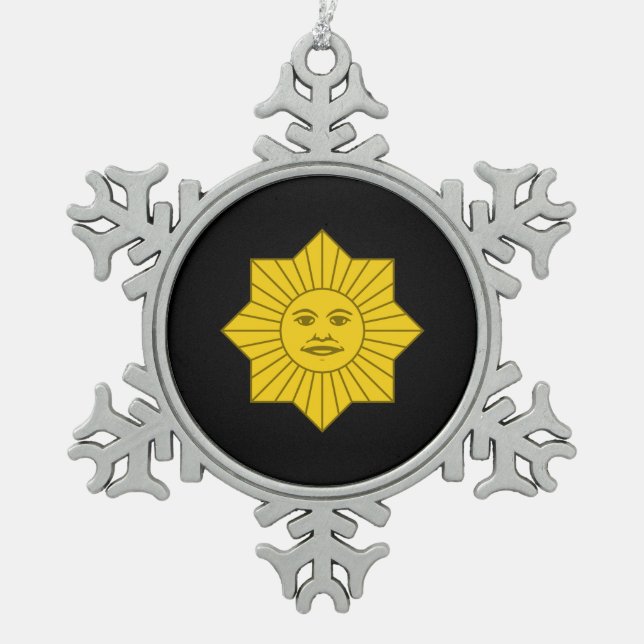 Uruguayan Sun of May Snowflake Pewter Christmas Ornament (Front)