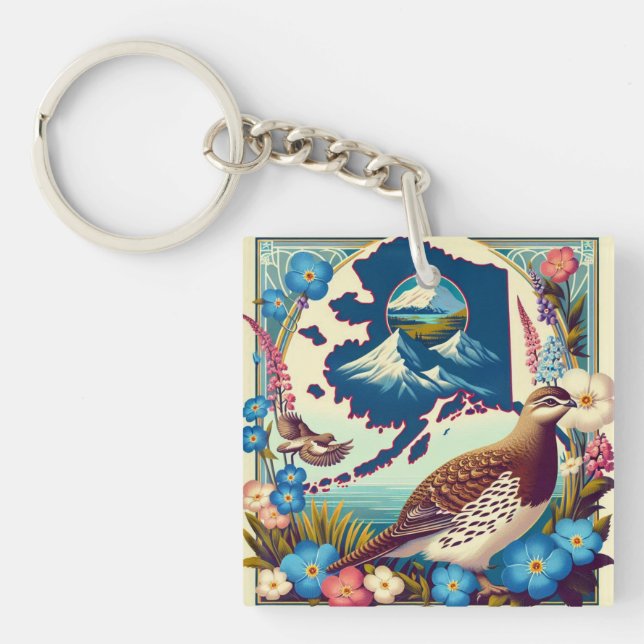 US Alaska's State Bird and Flower Design Key Ring (Front)