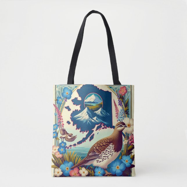 US Alaska's State Bird and Flower Design Tote Bag (Front)