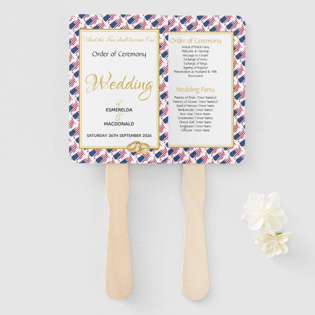 US AMERICA Christian Custom Wedding Programme Hand Fan (Front and Back)