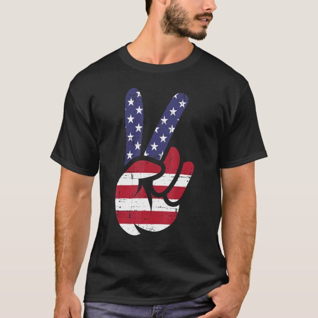 US American Flag and Patriotic Peace Sign of Hand T-Shirt (Front)