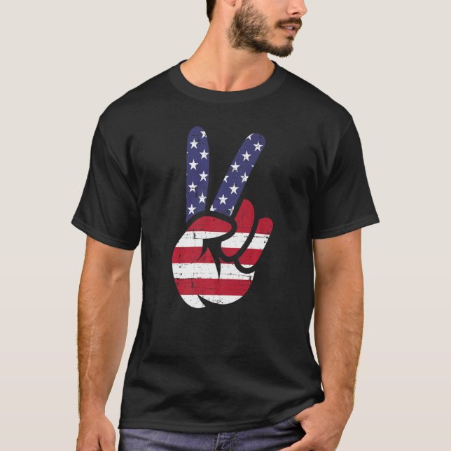 US American Flag and Patriotic Peace Sign of Hand  T-Shirt (Front)