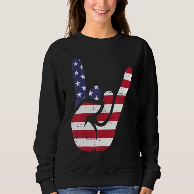 US American Flag and Patriotic Rock Sign of Hand Sweatshirt (Front)
