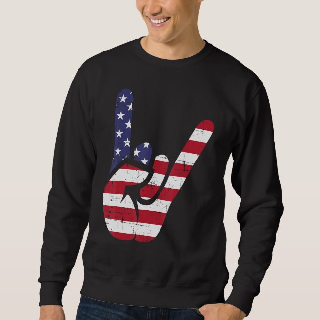 US American Flag and Patriotic Rock Sign of Hand Sweatshirt (Front)