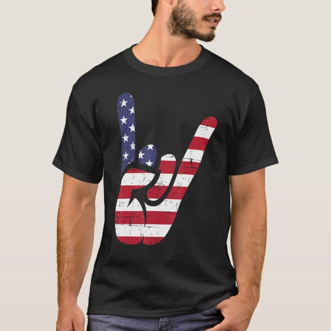 US American Flag and Patriotic Rock Sign of Hand T-Shirt (Front)