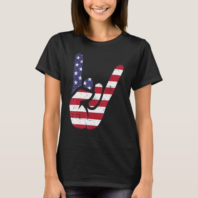 US American Flag and Patriotic Rock Sign of Hand T-Shirt (Front)