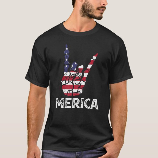 US American Flag and Patriotic Skeleton Rock Sign  T-Shirt (Front)