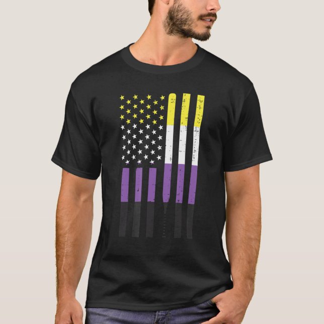 Us American Flag Baseball Bat Nonbinary Enby Nb Pr T-Shirt (Front)