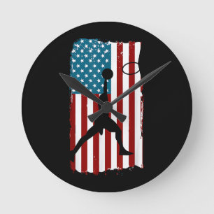 US American Flag Basketball Patriotic Athlete Prin Round Clock