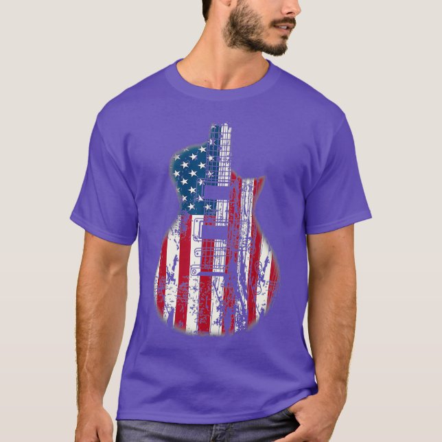 US American Flag Guitar Musician Distressed T-Shirt (Front)